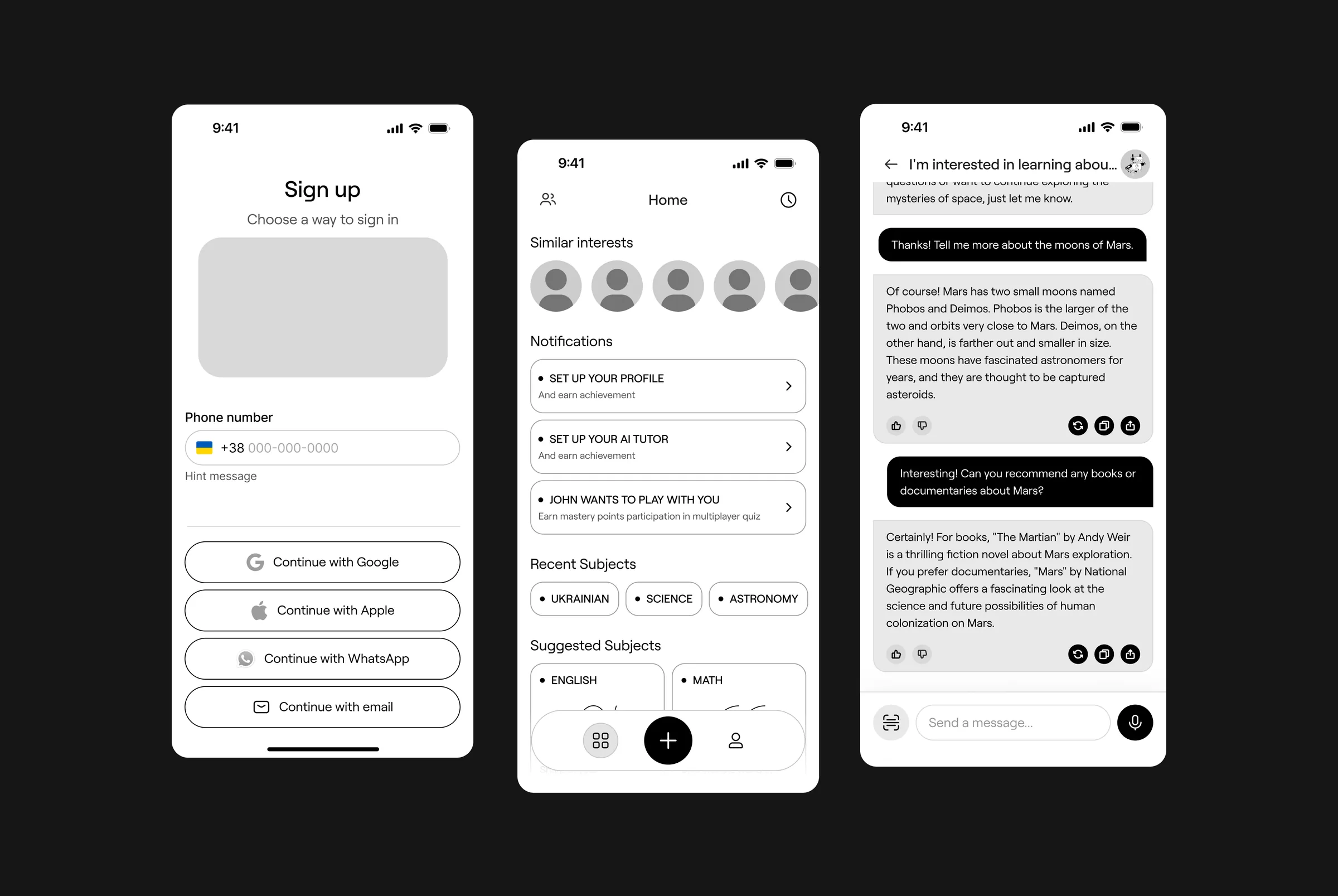 ASI — wireframes: sign up, Home and the tutor chat